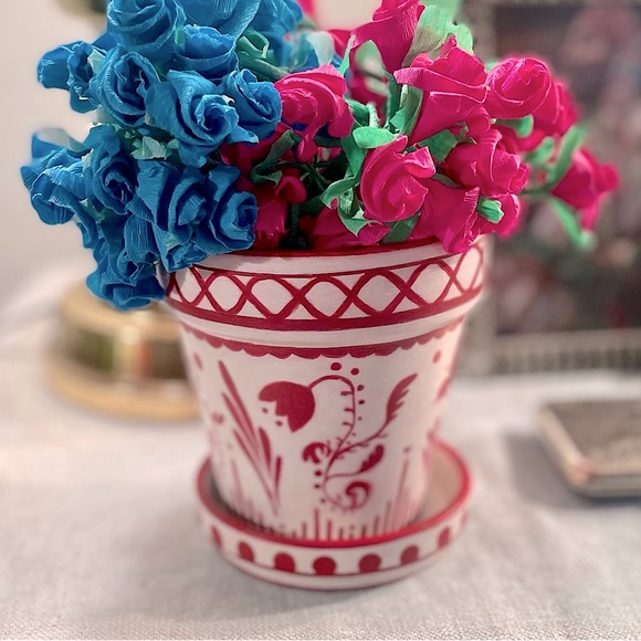 ORIGINAL POTTERY ART Hand painted red & white pot with saucer - Picture 2 of 5